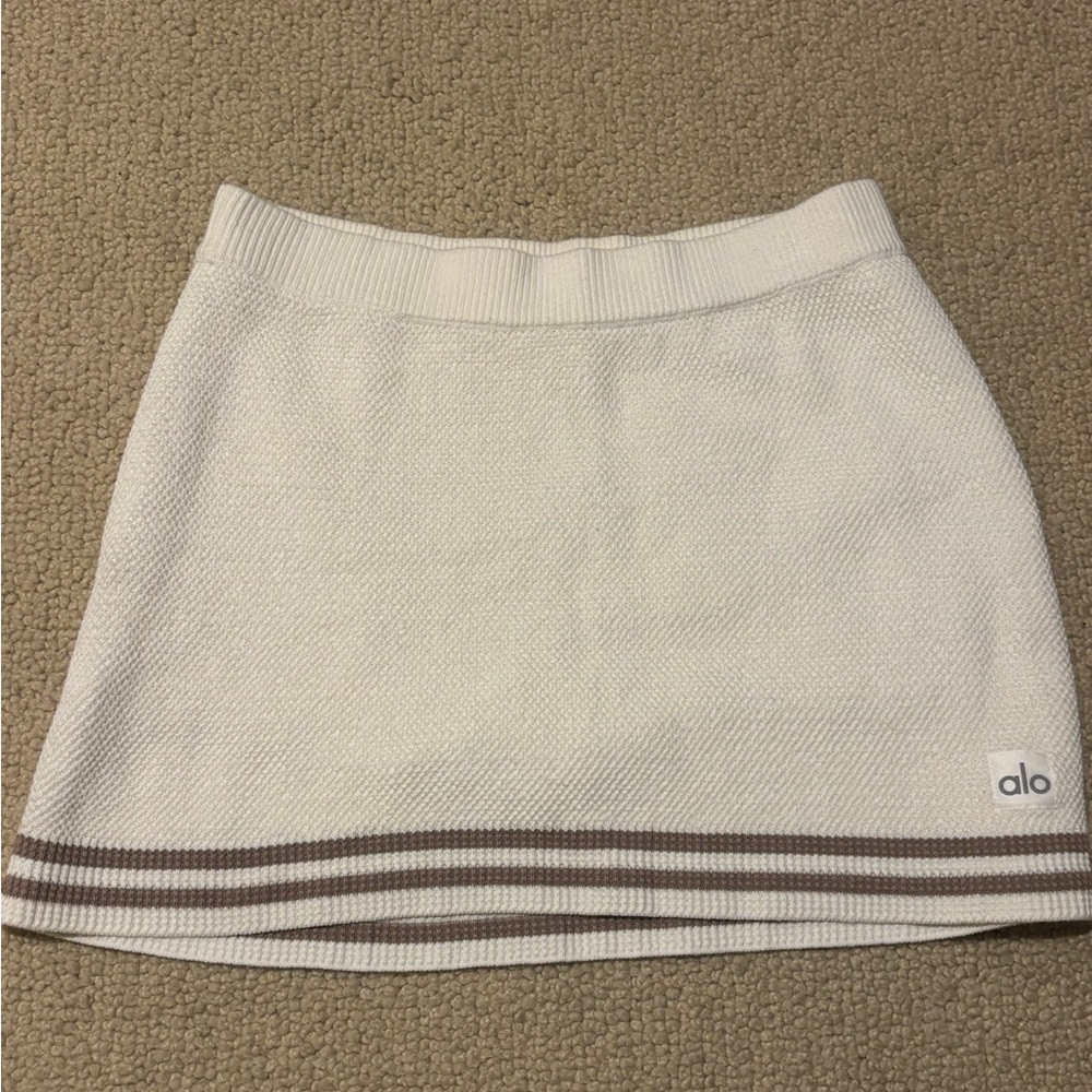 EUC ALO Yoga Cream Knit Mini Skirt with Brown Stripes
